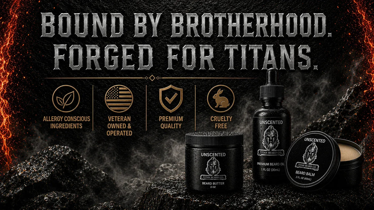 Titan Beard Co. hero banner - allergy-conscious, veteran and family owned beard care handcrafted in Lubbock, Texas